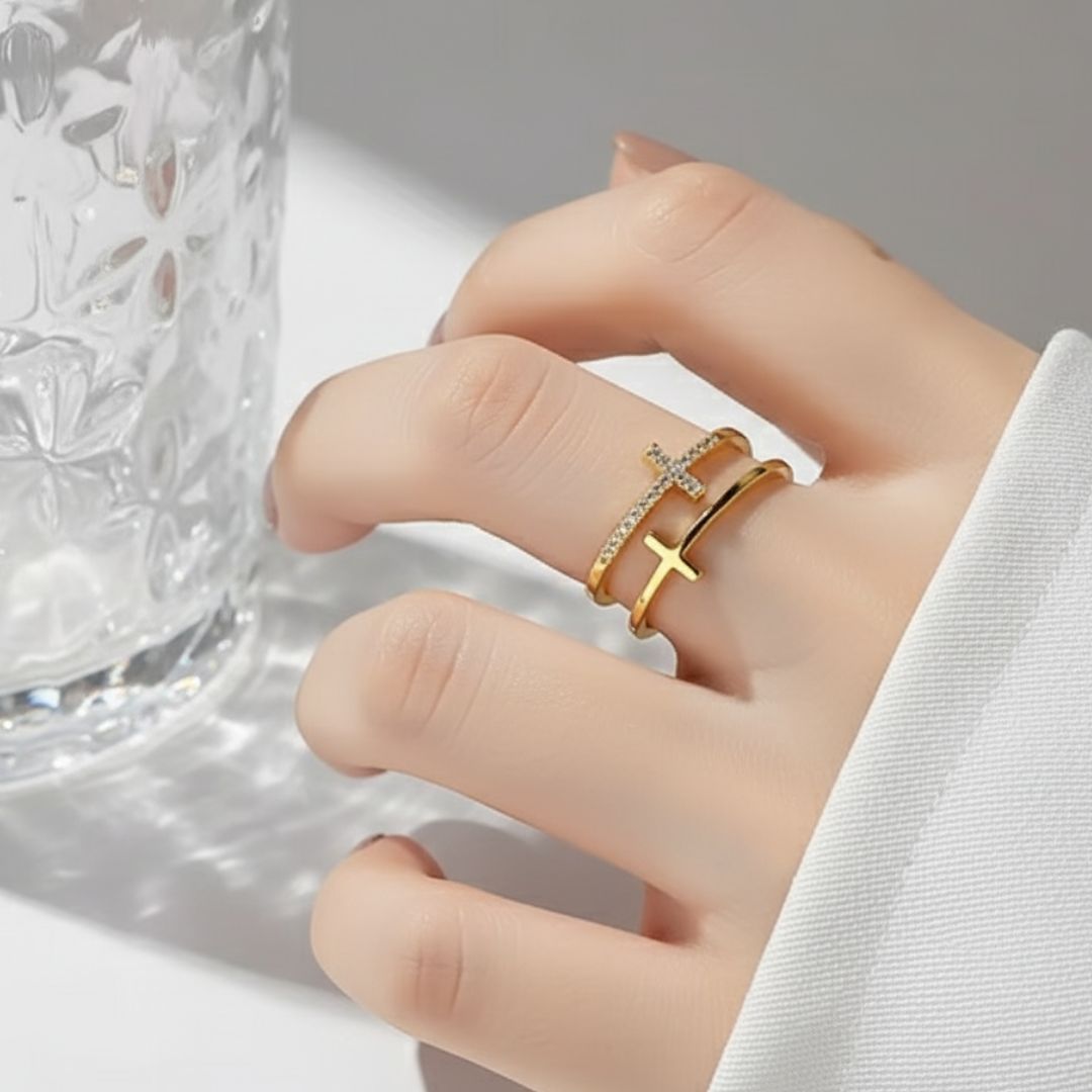 Kit 2 Anéis Cruzados com Zircônias Anel Double Shine Banhados a Ouro