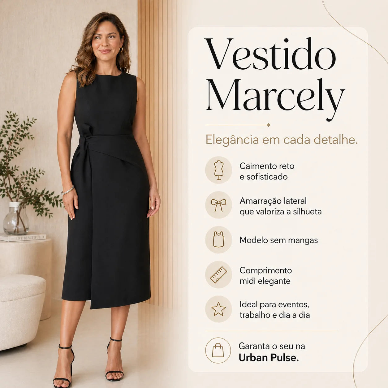 Vestido Feminino Alfaiataria Midi com Amarração Lateral - Marcely