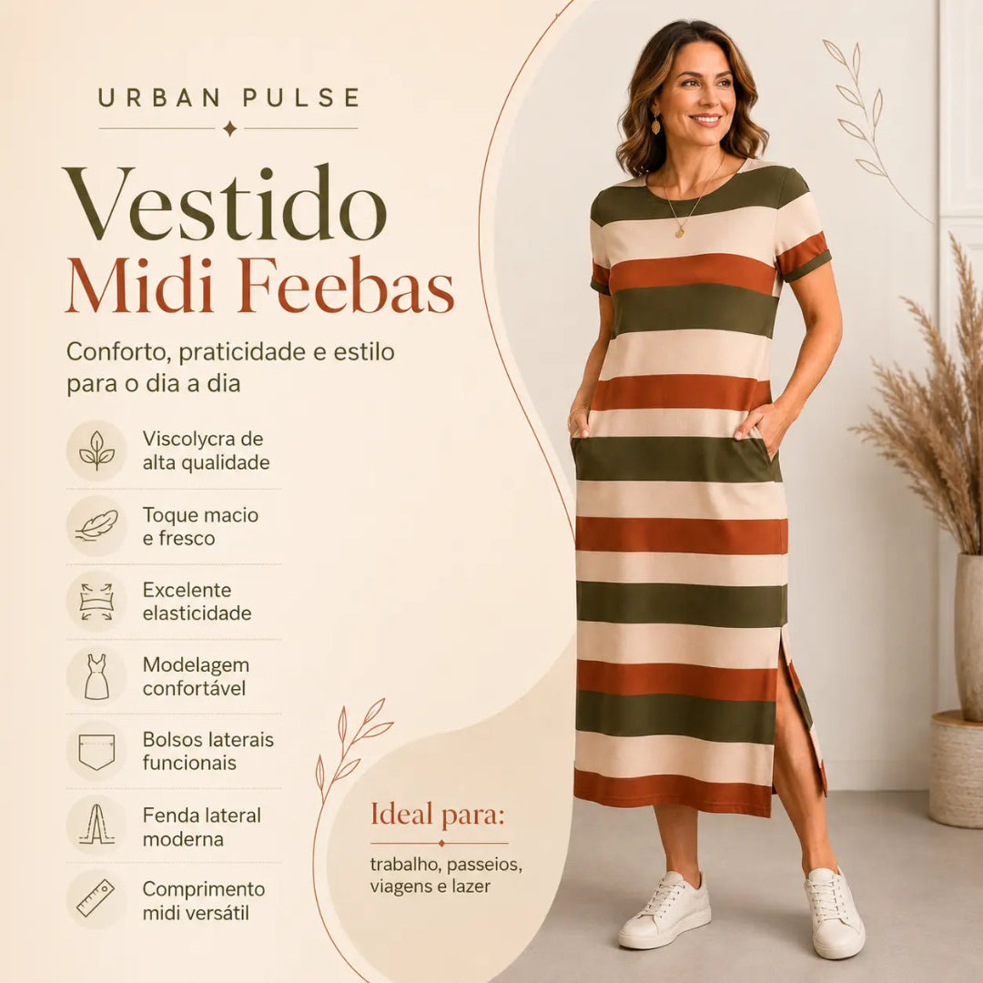 Vestido Feminino Midi com Fenda Lateral e Bolsos – Feebas