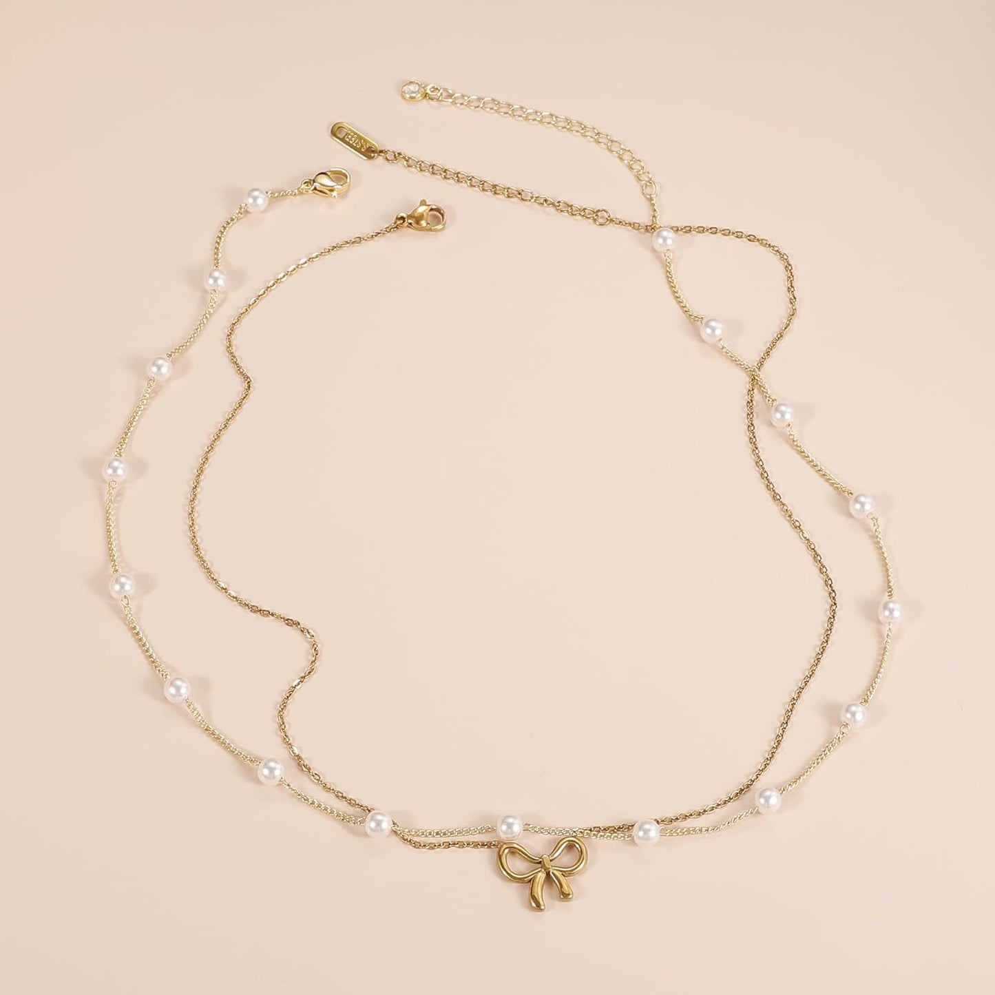Choker Dupla Camada com Laço e Pérola Pearly Bow Banhada a Ouro 18K