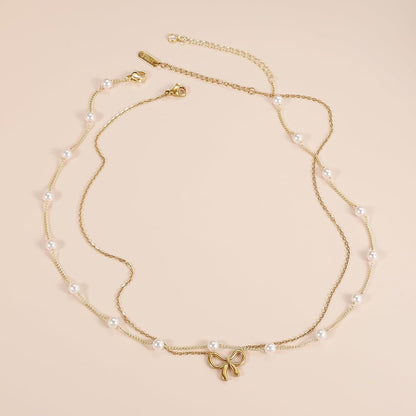 Choker Dupla Camada com Laço e Pérola Pearly Bow Banhada a Ouro 18K