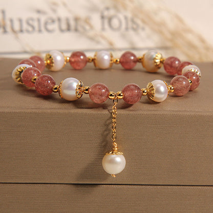 Pulseira Contas de Quartzo Quartzo Morango & Opala Branca Rose Aura Duo