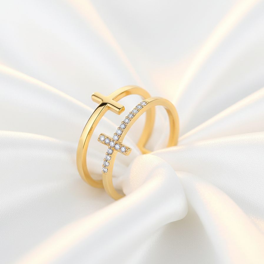 Anel Double Shine • Kit com 2 Anéis Cruzados com Zircônias • Banhados a Ouro