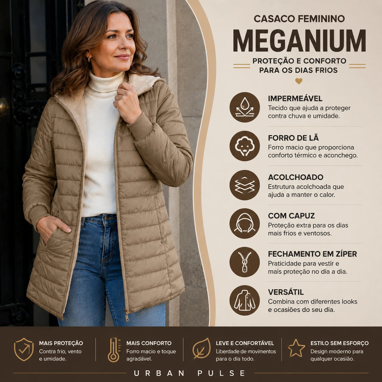 Casaco Feminino Impermeável com Capuz e Forro de Lã – Meganium