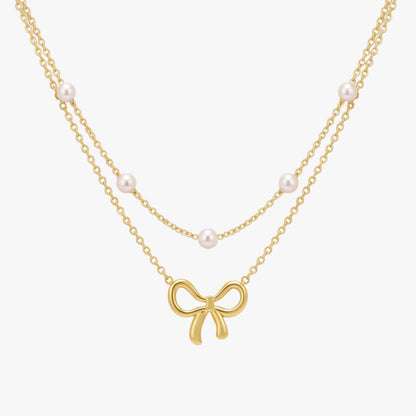 Choker Dupla Camada com Laço e Pérola Pearly Bow Banhada a Ouro 18K