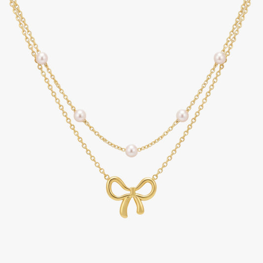 Choker Dupla Camada com Laço e Pérola Pearly Bow Banhada a Ouro 18K