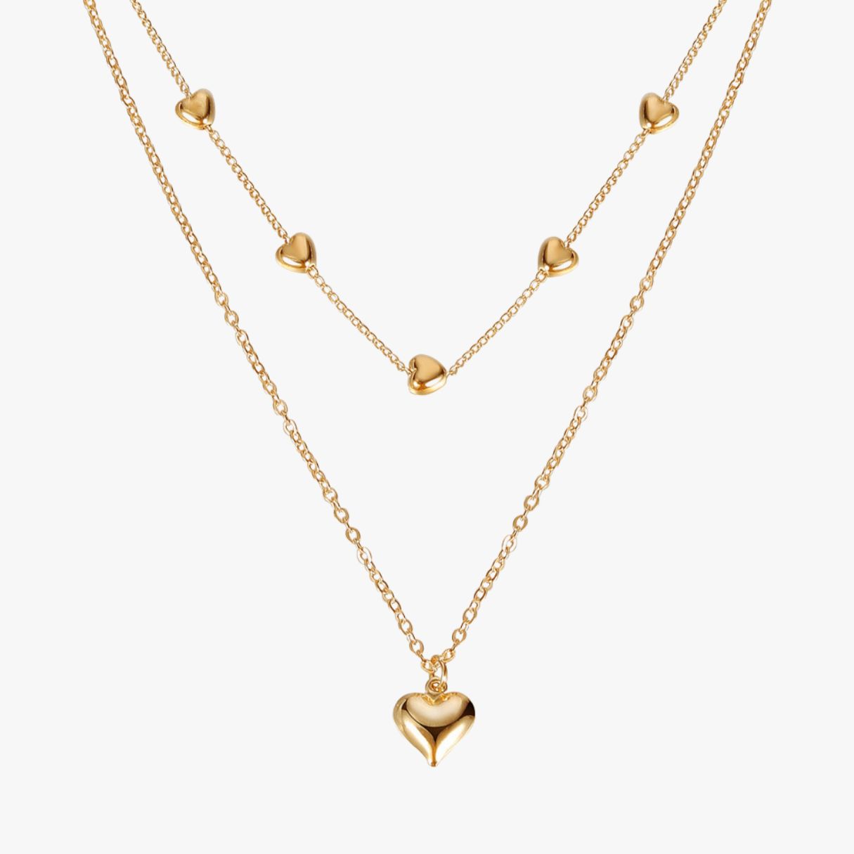 Colar Duas Camadas com Pingentes Coração • Duo Heart • Banhado a Ouro 18K