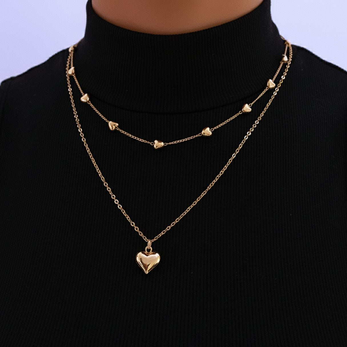 Colar Duas Camadas com Pingentes Coração • Duo Heart • Banhado a Ouro 18K