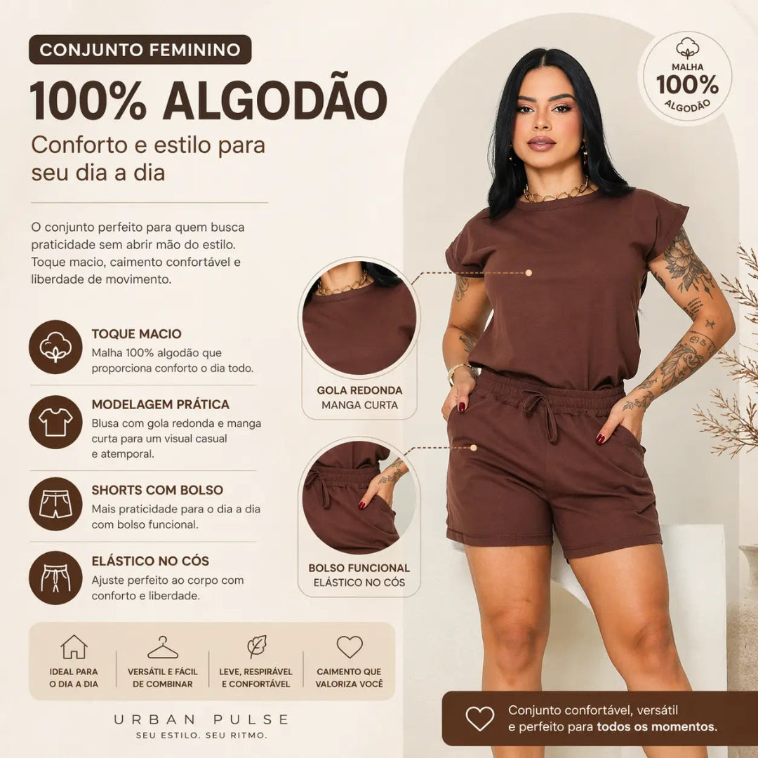 Conjunto Feminino em Malha 100% Algodão com Shorts e Blusa Feminino - Mavie