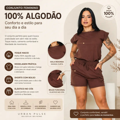 Conjunto Feminino em Malha 100% Algodão com Shorts e Blusa Feminino - Mavie