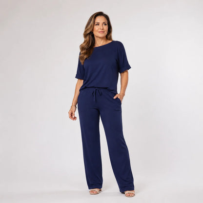 Conjunto Feminino de Malha Lisa Calça Pantalona e Blusa - Isabel