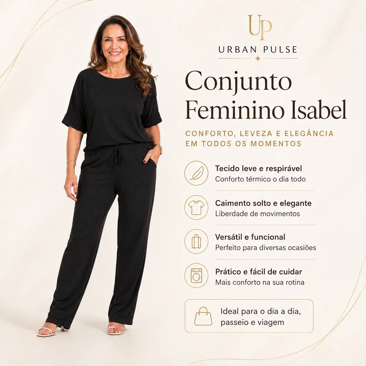 Conjunto Feminino de Malha Lisa Calça Pantalona e Blusa - Isabel