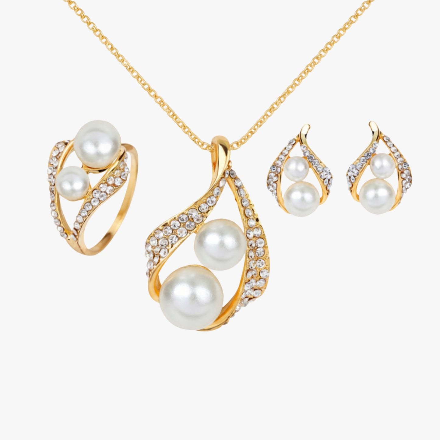 KIT Colar + Brincos + Anel com Zircônias Blooming Pearl Banhado a Ouro 18K