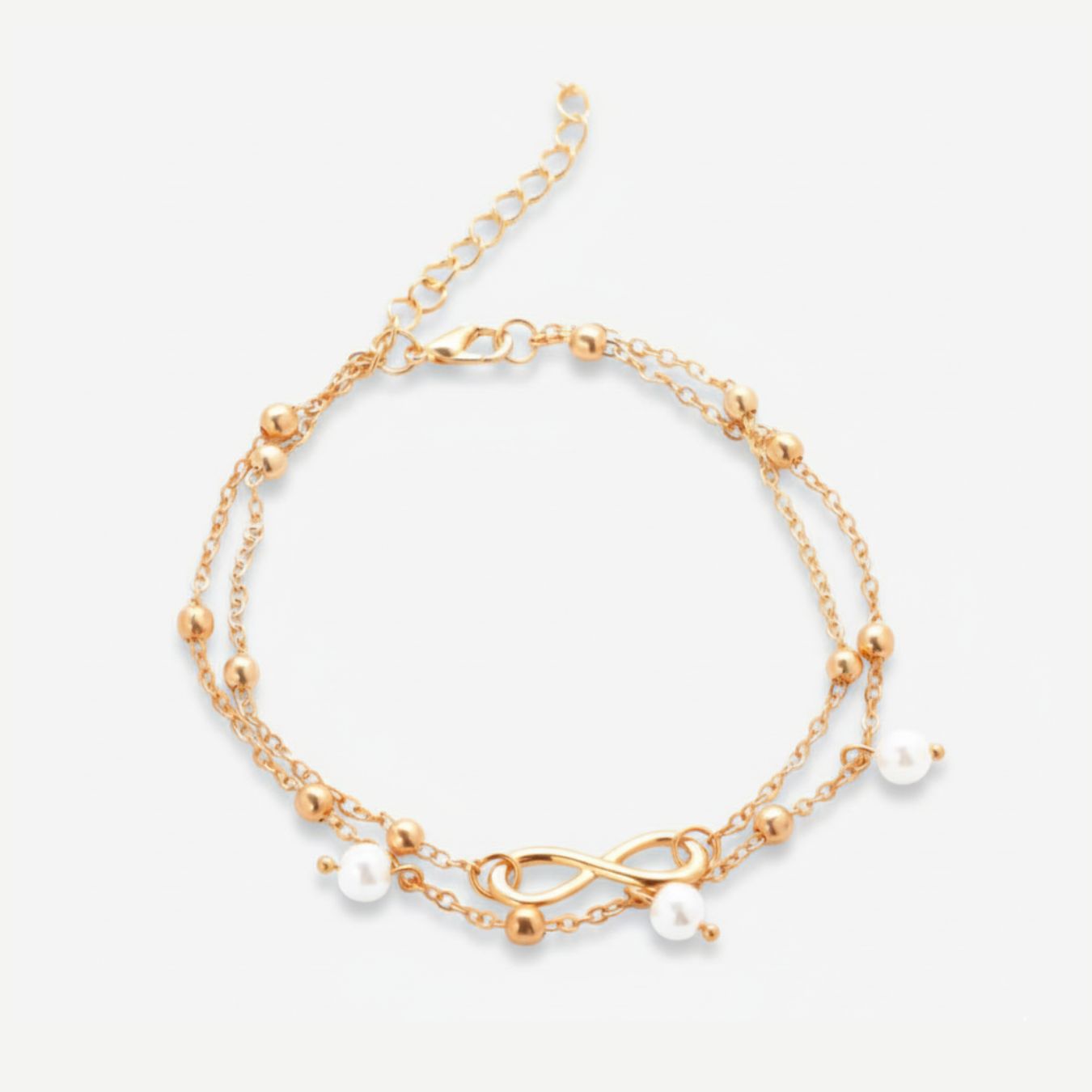 Tornozeleira Dupla Camada com Pérolas Pearl Infinity Banhada a Ouro