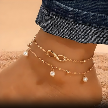 Tornozeleira Dupla Camada com Pérolas Pearl Infinity Banhada a Ouro