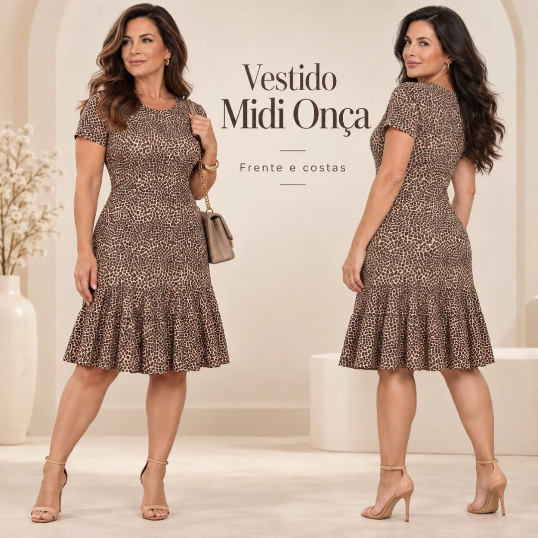 Vestido Feminino Midi Estampado Onça Soltinho Manga Curta – Bombirdier