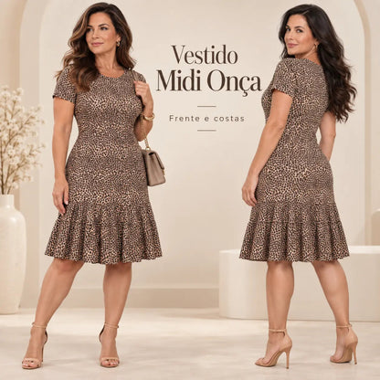 Vestido Feminino Midi Estampado Onça Soltinho Manga Curta – Bombirdier