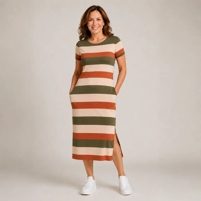 Vestido Feminino Midi com Fenda Lateral e Bolsos – Feebas