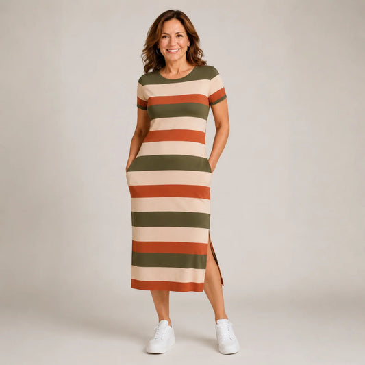 Vestido Feminino Midi com Fenda Lateral e Bolsos – Feebas