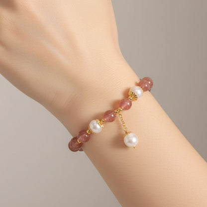 Pulseira Contas de Quartzo Quartzo Morango & Opala Branca Rose Aura Duo