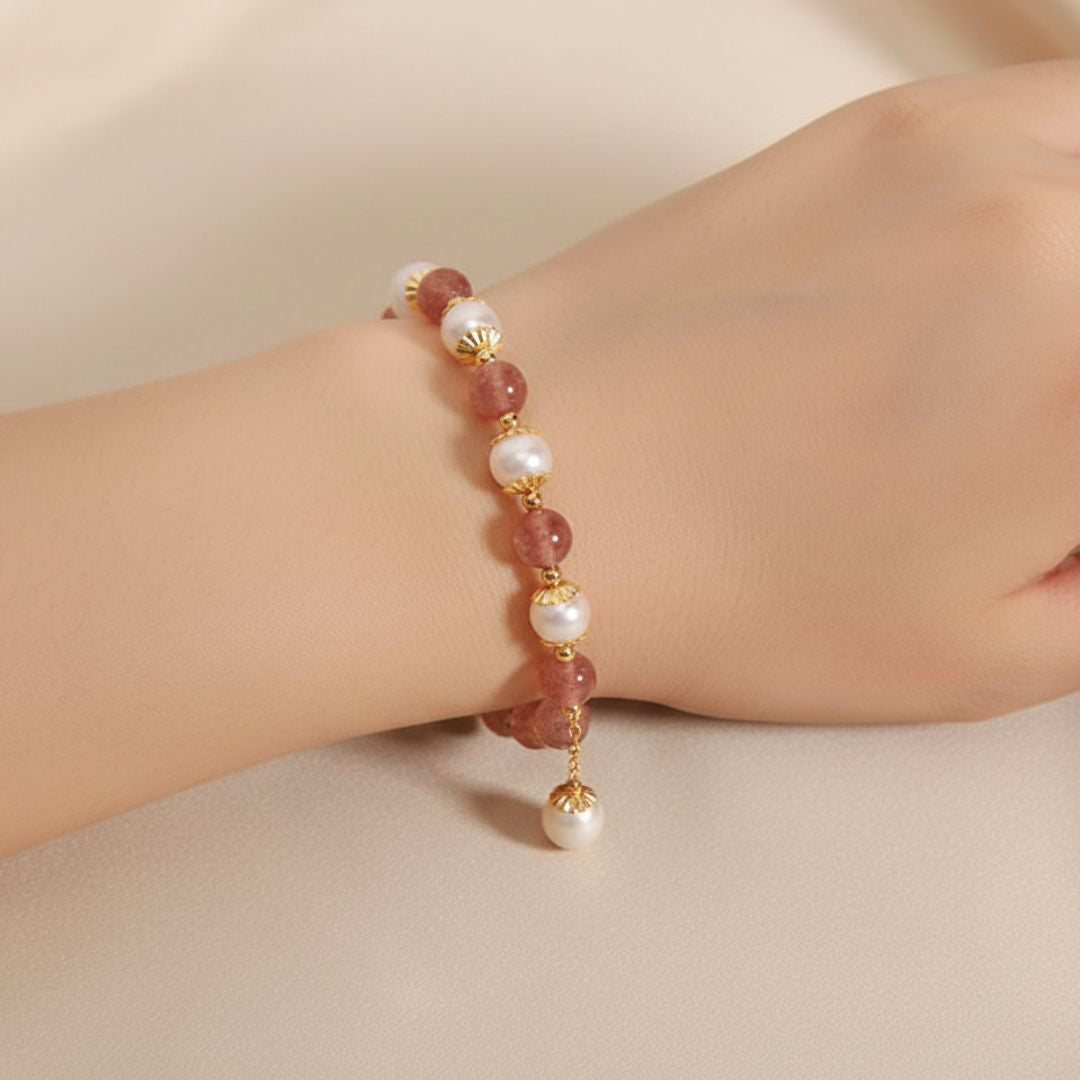 Pulseira Contas de Quartzo Quartzo Morango & Opala Branca Rose Aura Duo