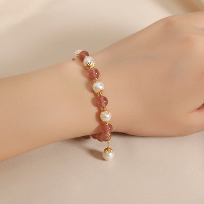 Pulseira Contas de Quartzo Quartzo Morango & Opala Branca Rose Aura Duo