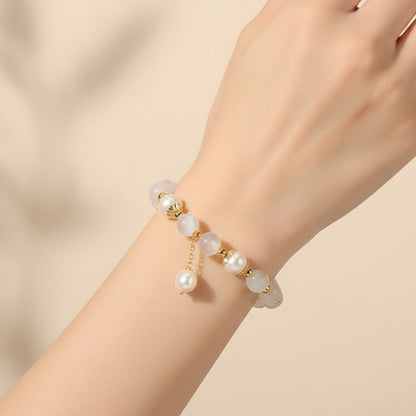 Pulseira Contas de Quartzo Quartzo Morango & Opala Branca Rose Aura Duo